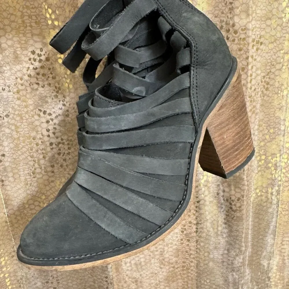 Free People Boho Hybrid Strappy Leather Women’s Ankle Bootie in Black EU37/6.5-7